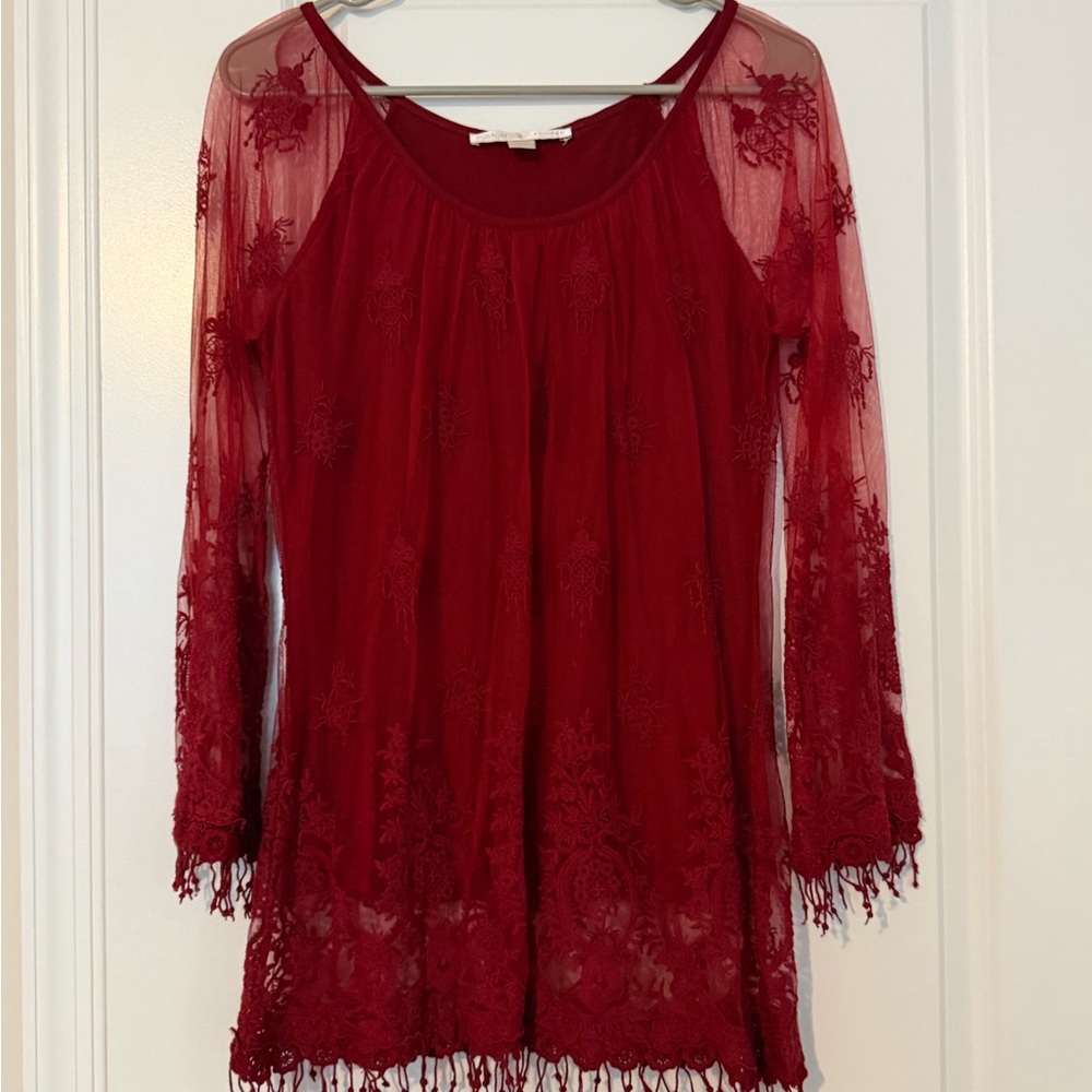 Boston Proper Rich Red Lace Shirt With Fringe Top Womens Size XS